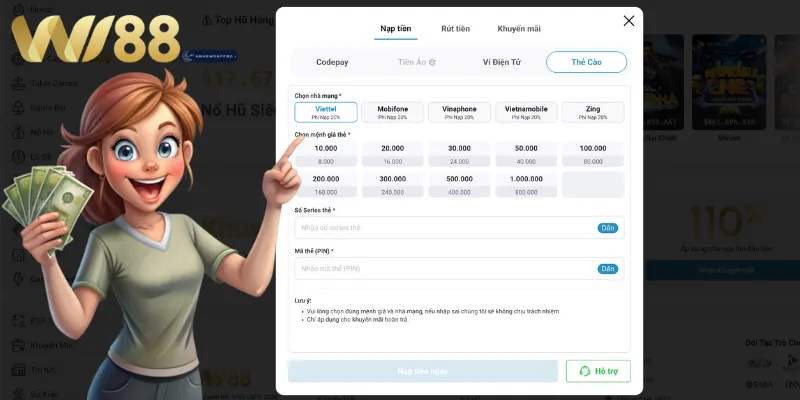 Nạp tiền WI88 qua thẻ cào